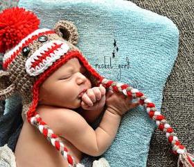 Crochet Sock Monkey Hat, Newborn Sock Monkey, Sock Monkey Hat, Baby Boy - Made To Order